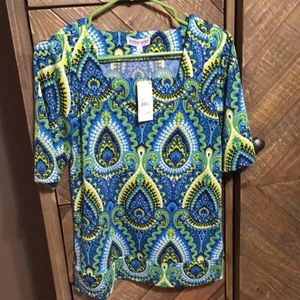 Soft blue green and white blouse